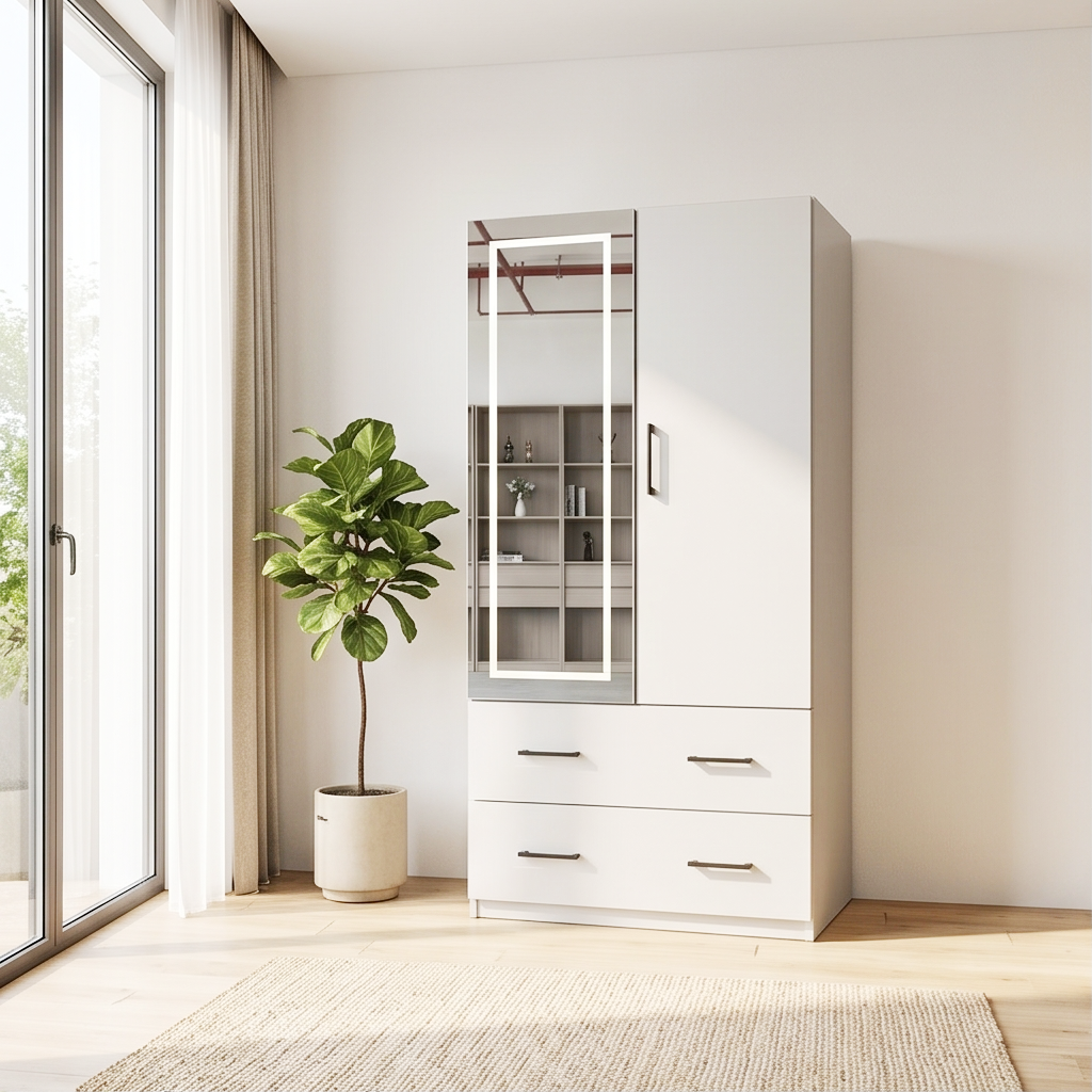 CC057 - White Wardrobe with Built-in LED Mirror & Drawers image 0