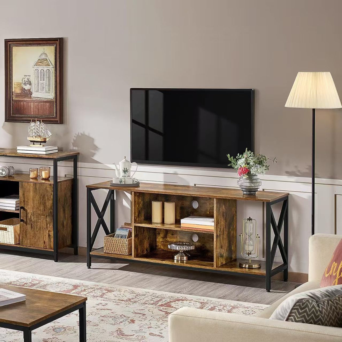 TV008- Rustic Sturdy X-Frame TV Stand with Open Storage image 2