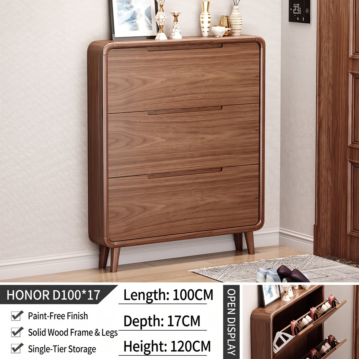 SOCE078 - Mid-Century Modern Walnut Look Shoe Cabinet with 3 Flip-Down Drawers
