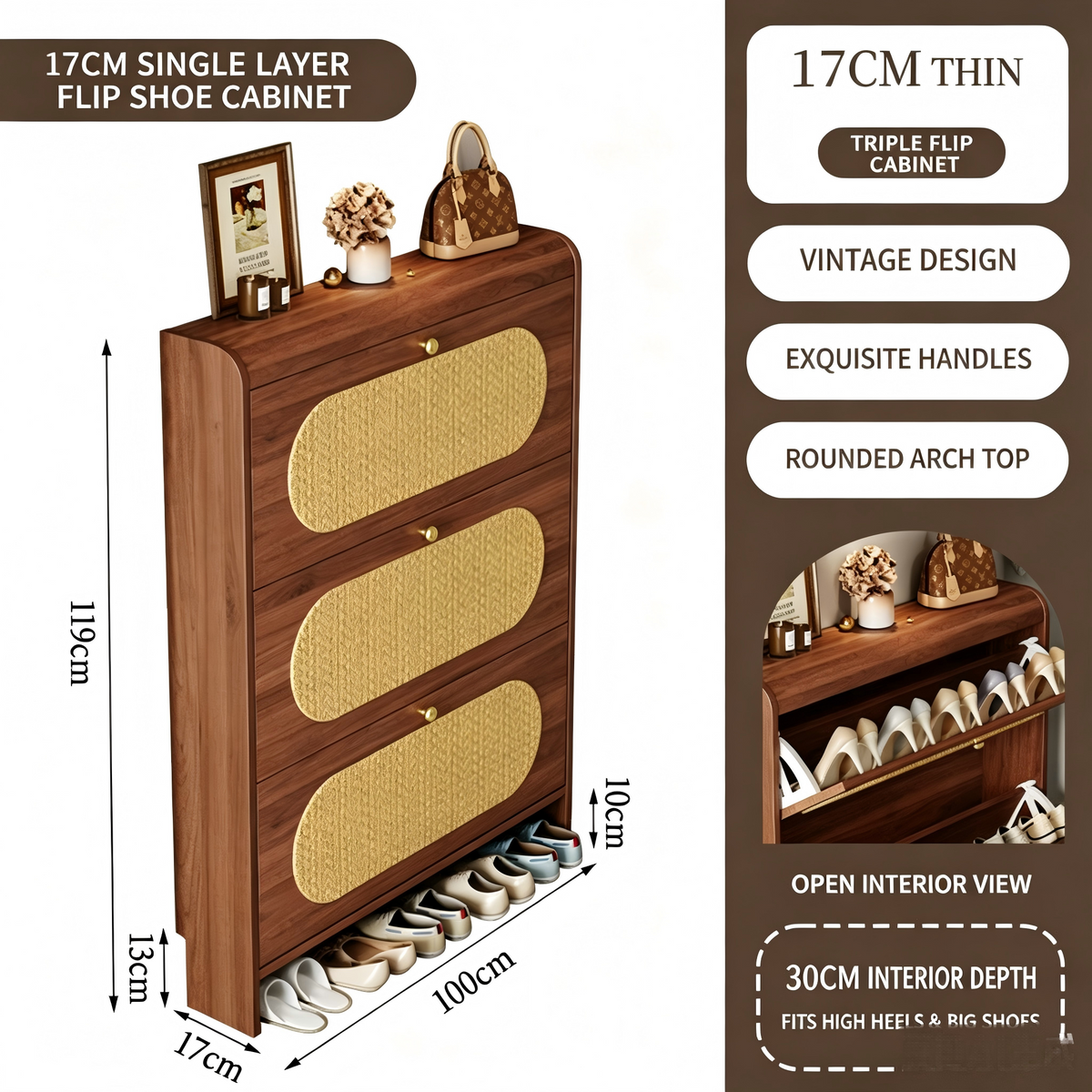 SOCE077 - Mid-Century Rattan Ultra-Thin Shoe Cabinet – Slim Entryway Storage