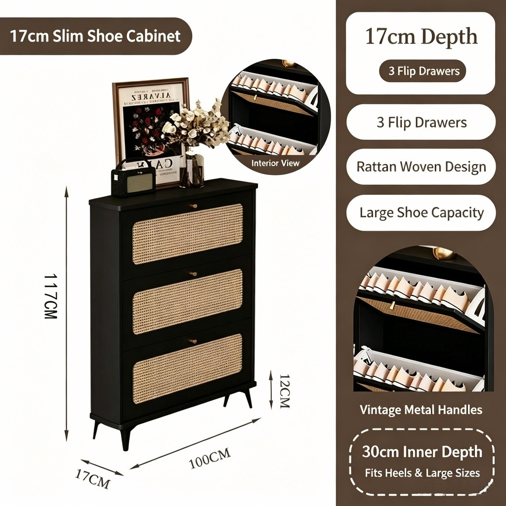 SOCE076 - Modern Black Rattan Shoe Cabinet with 3 Flip Drawers