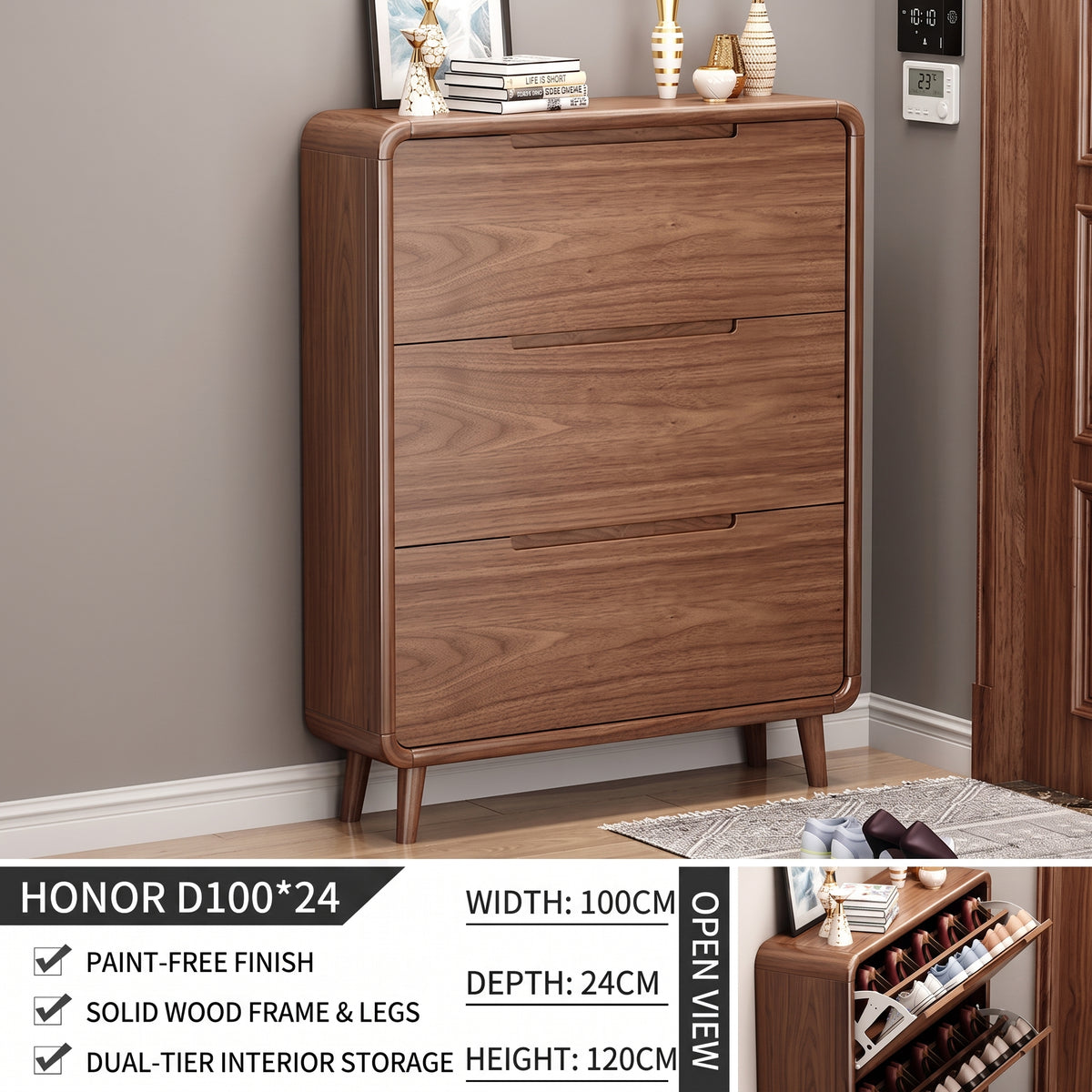 SOCE078 - Mid-Century Modern Walnut Look Shoe Cabinet with 3 Flip-Down Drawers