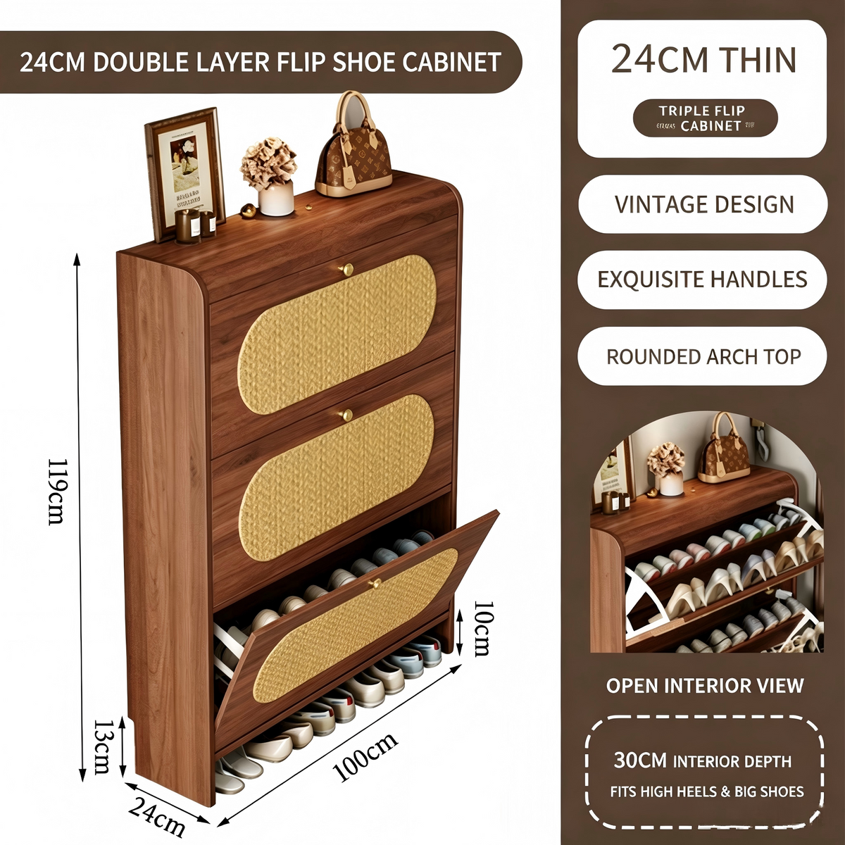 SOCE077 - Mid-Century Rattan Ultra-Thin Shoe Cabinet – Slim Entryway Storage