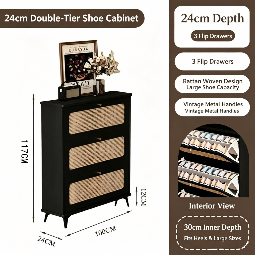 SOCE076 - Modern Black Rattan Shoe Cabinet with 3 Flip Drawers