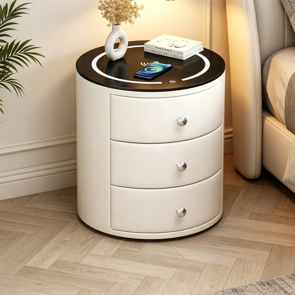 CBD036 - Round Smart Nightstand | Touch LED Light & Wireless Charging Panel image 1