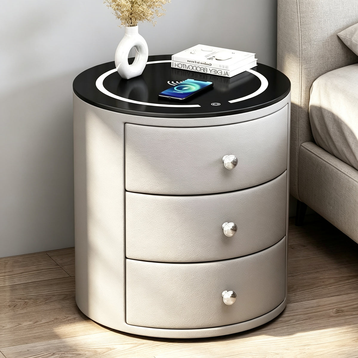 CBD036 - Round Smart Nightstand | Touch LED Light & Wireless Charging Panel image 4