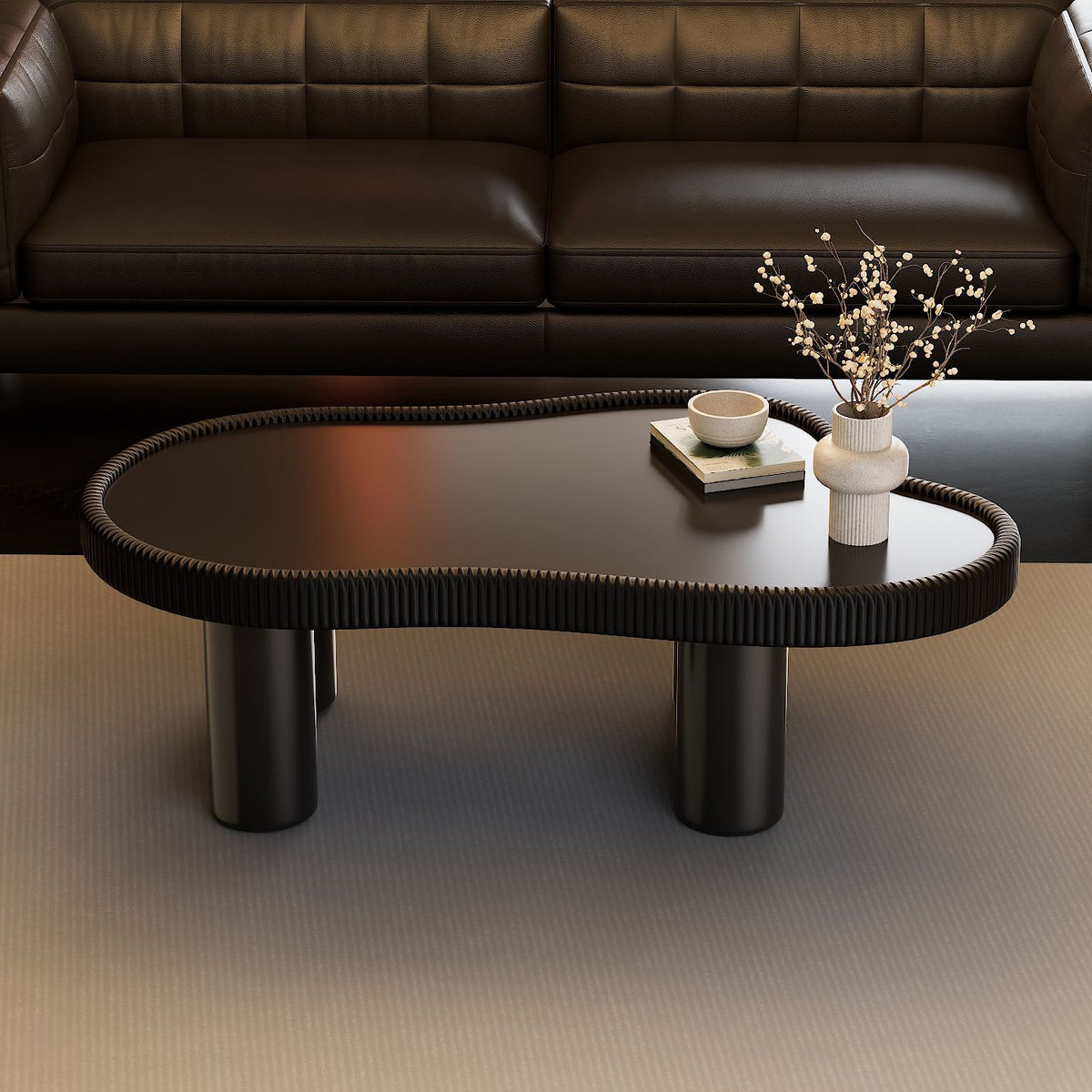 EDB046 - Modern Irregular Glass Coffee Table with Leather-Wrapped Edge image 4