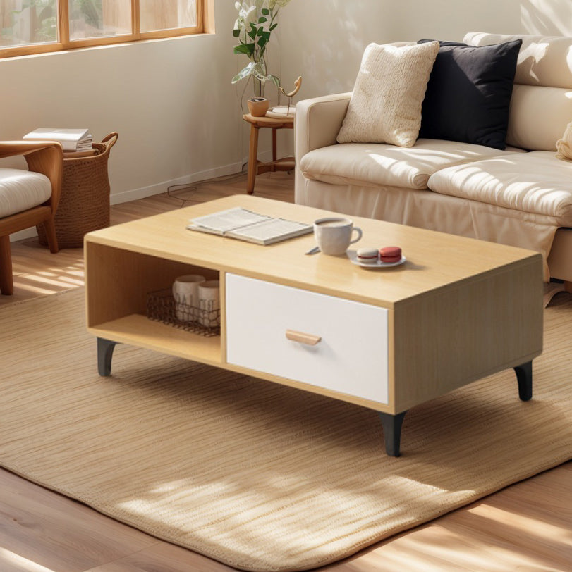 EDB047 - Modern Coffee Table with Storage Shelf and White Drawer image 0