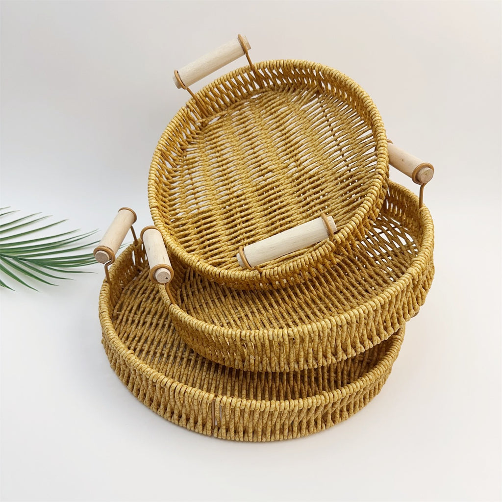 BAS012 - Round Rattan-Style Serving Tray with Handles image 2
