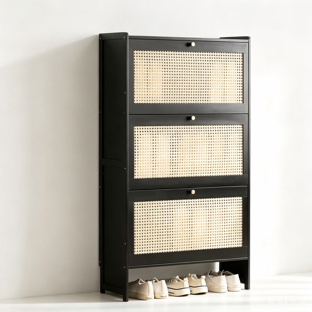SOCE076 - Modern Black Rattan Shoe Cabinet with 3 Flip Drawers