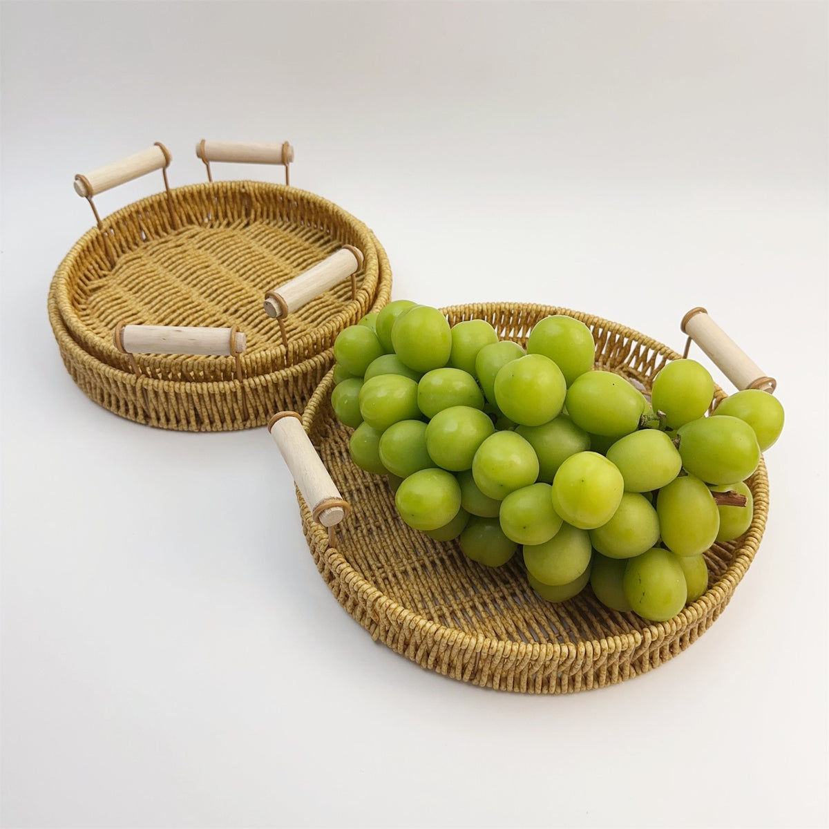 BAS012 - Round Rattan-Style Serving Tray with Handles image 0