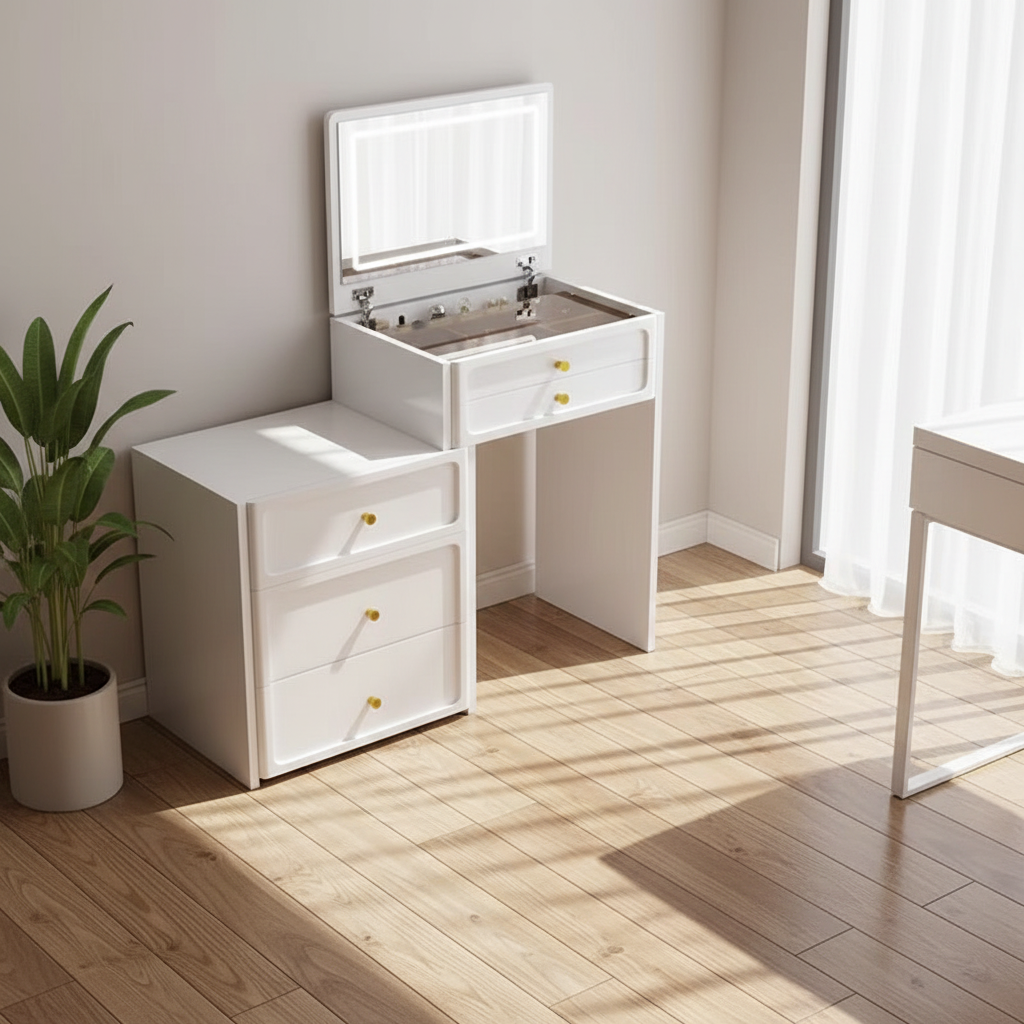 DR024 - Modern White Vanity Desk with Flip-Top LED Mirror & Storage Cabinet image 1