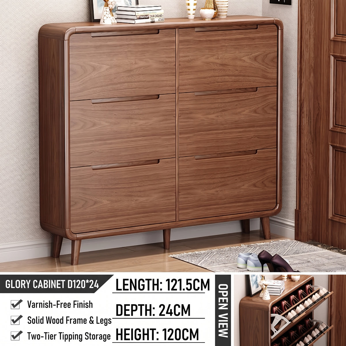 SOCE079 -  Walnut Look Shoe Cabinet - Ultra-Slim Walnut Entryway Organizer