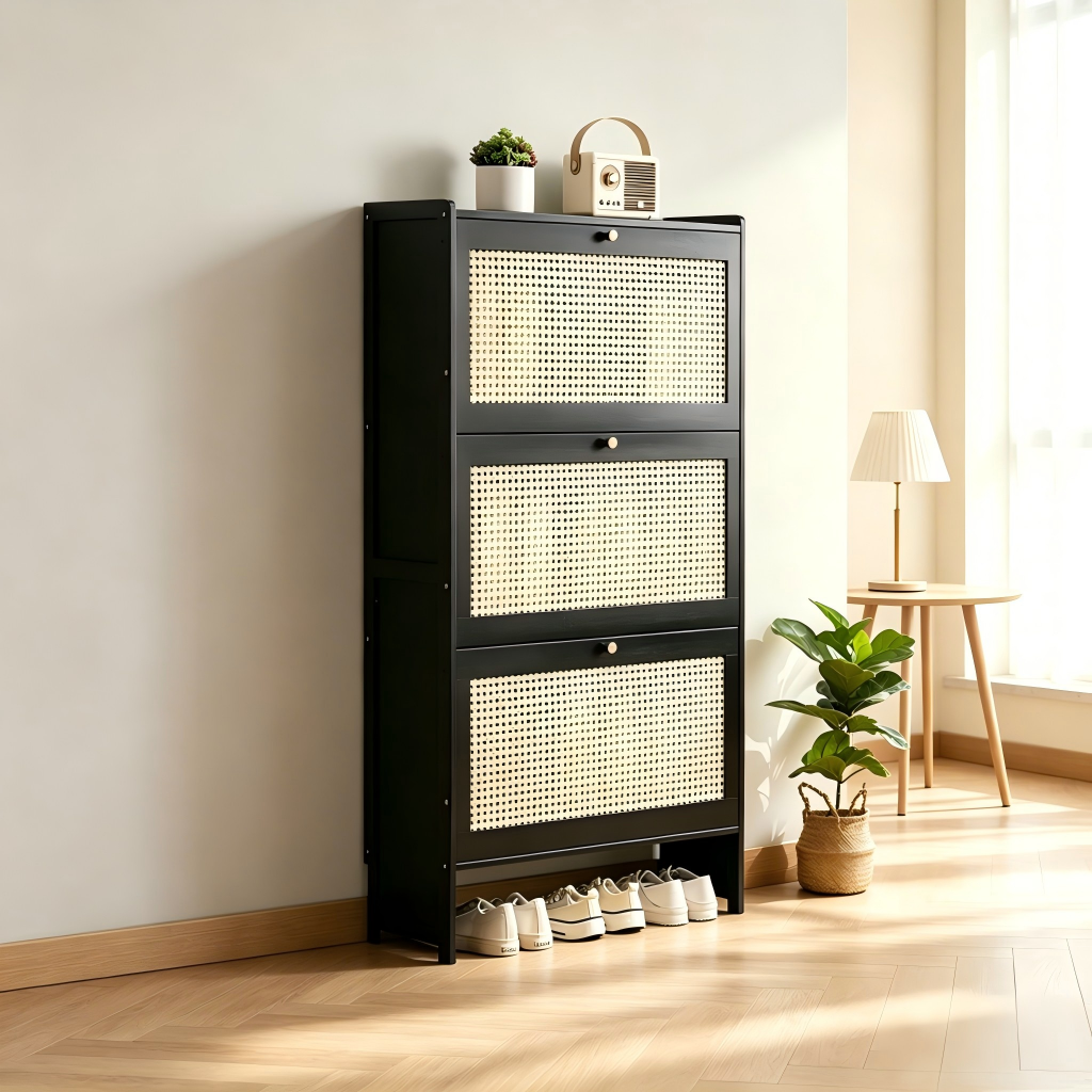 SOCE076 - Modern Black Rattan Shoe Cabinet with 3 Flip Drawers