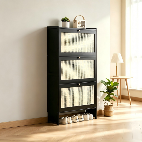 SOCE076 - Modern Black Rattan Shoe Cabinet with 3 Flip Drawers