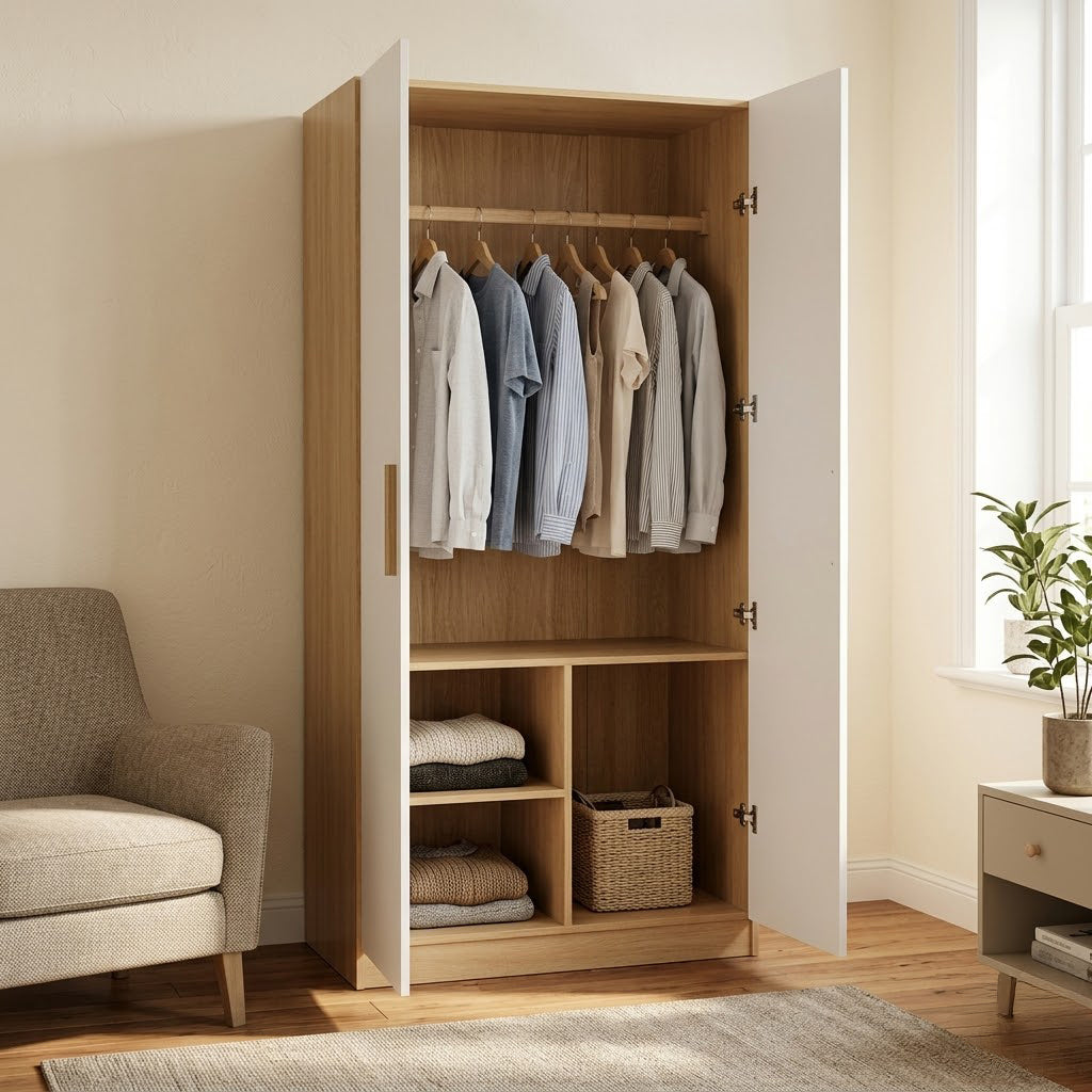 CC058 - Wooden Bedroom Wardrobe -  Storage Cabinet with Hanging Rod & Shelves image 1
