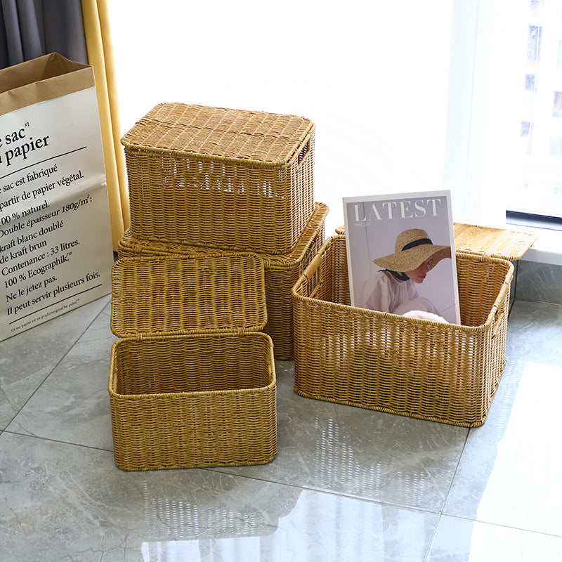 BAS011 - Rectangular Rattan-Style Storage Basket with Lid image 0