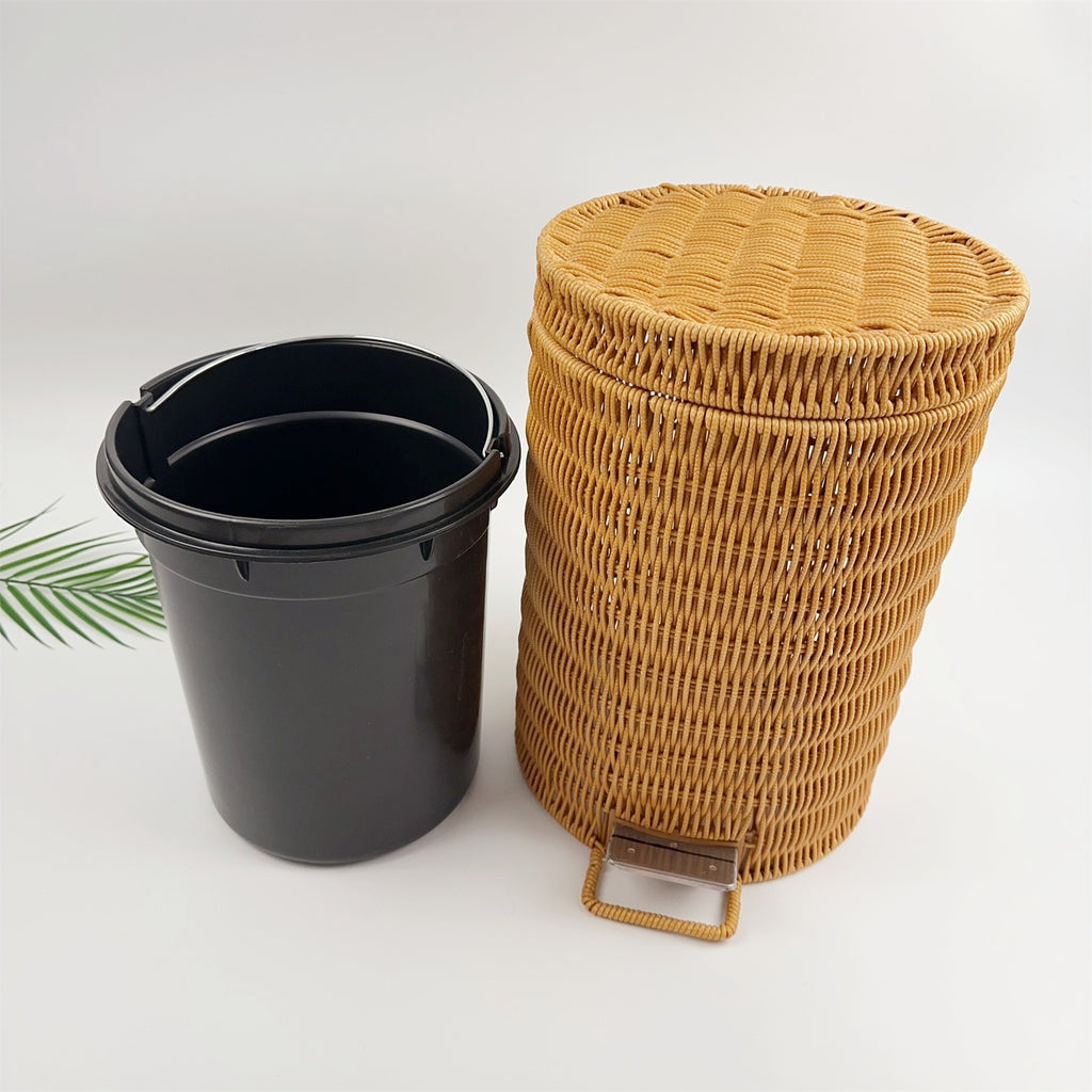 BAS009 - Round Woven Rattan Pedal Trash Bin with Lid image 2