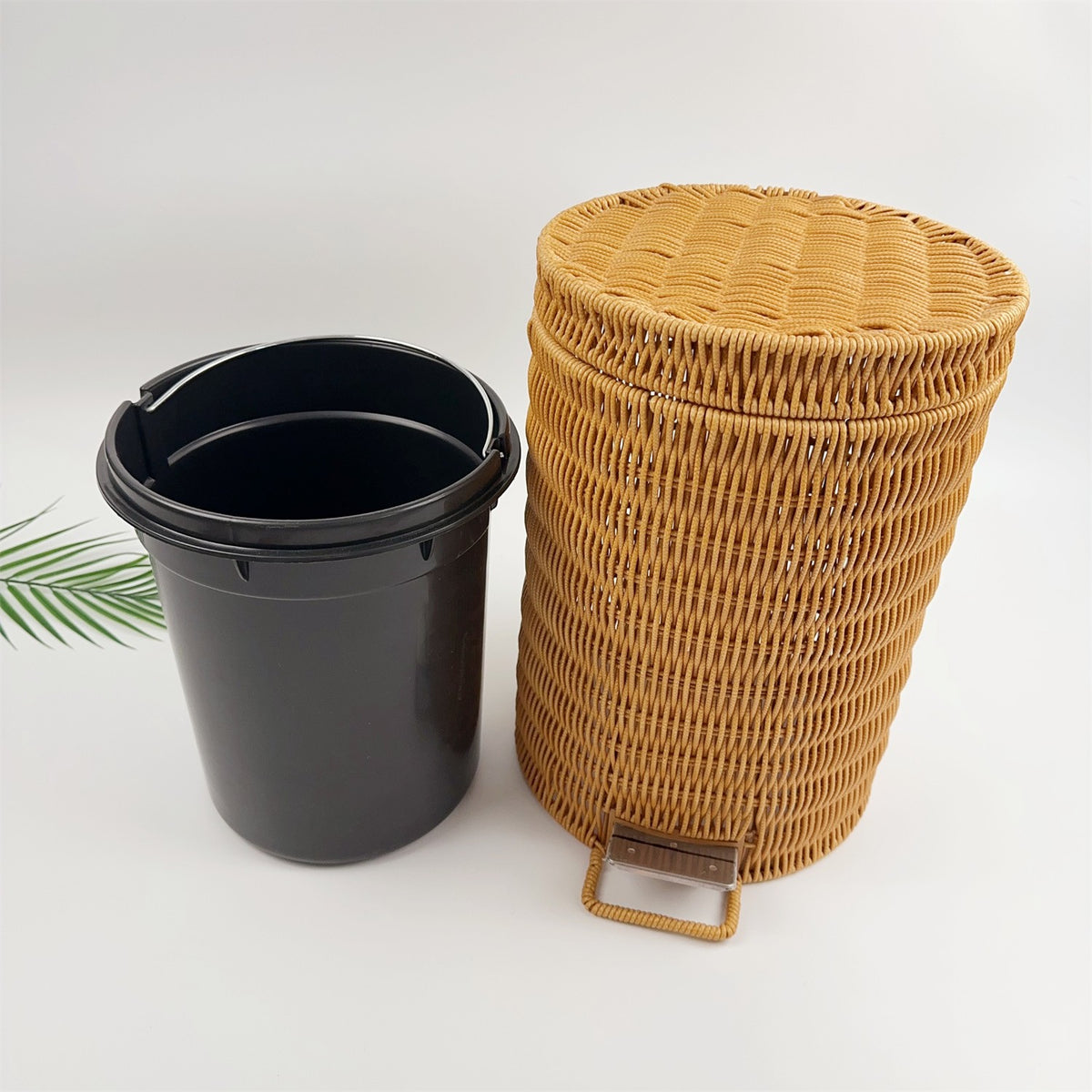 BAS009 - Round Woven Rattan Pedal Trash Bin with Lid image 2