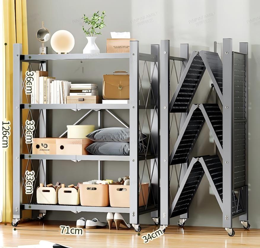 WCK022 - No-Assembly Foldable Metal Bookshelf – Movable Floor Storage Rack image 2