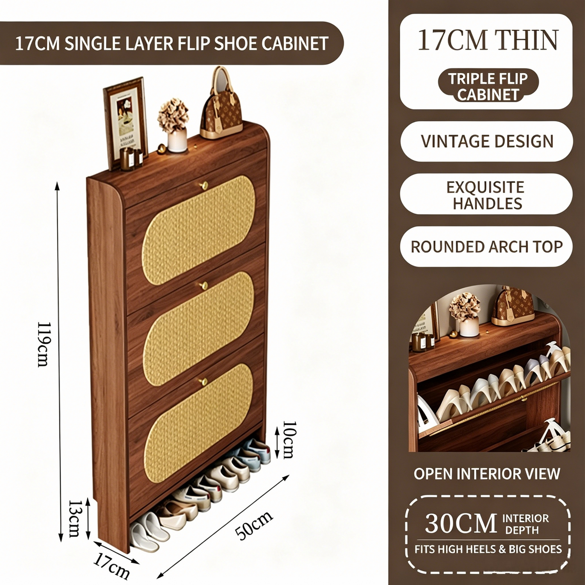 SOCE077 - Mid-Century Rattan Ultra-Thin Shoe Cabinet – Slim Entryway Storage