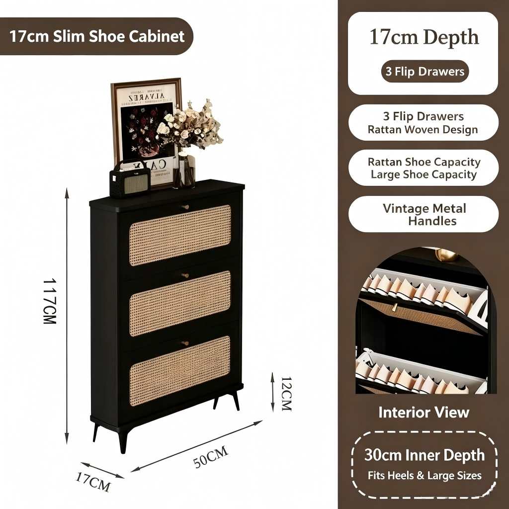 SOCE076 - Modern Black Rattan Shoe Cabinet with 3 Flip Drawers