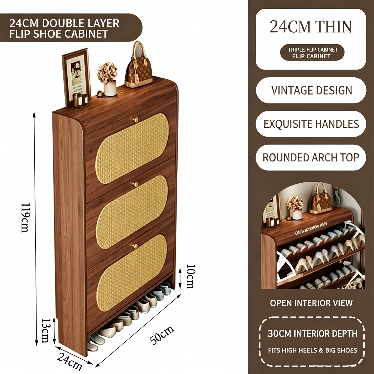 SOCE077 - Mid-Century Rattan Ultra-Thin Shoe Cabinet – Slim Entryway Storage