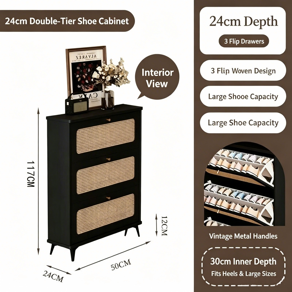 SOCE076 - Modern Black Rattan Shoe Cabinet with 3 Flip Drawers