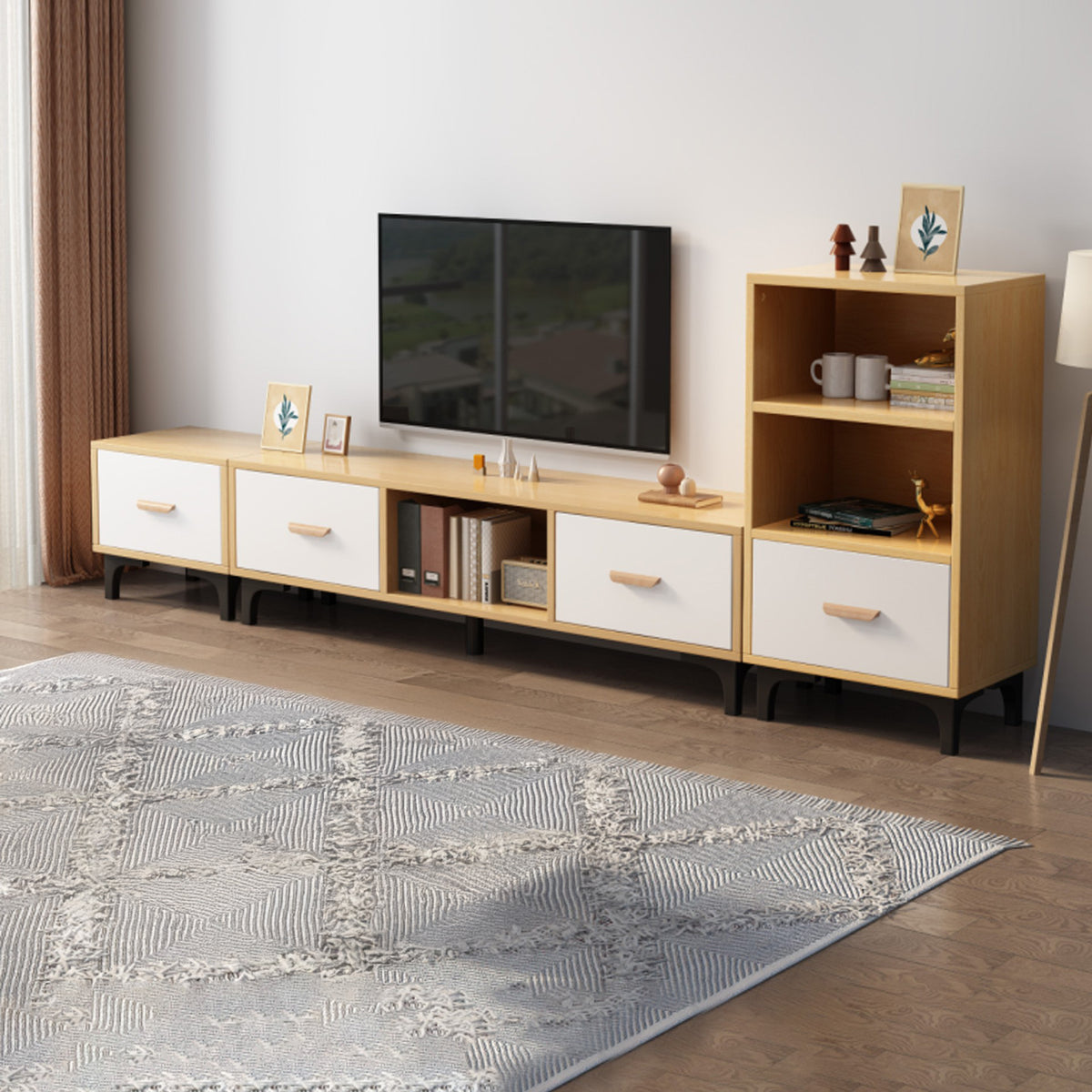 TV012 - Modern TV Stand with White Drawers & Open Shelving image 0