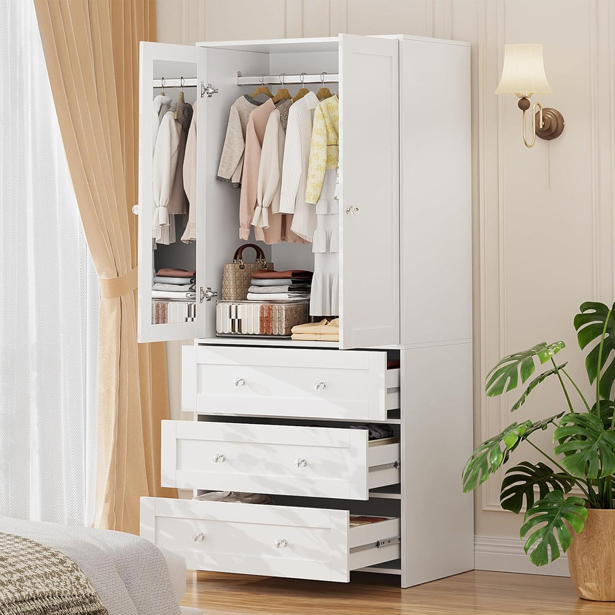 CC056 - Modern White Wardrobe Cabinet with Drawers – Tall Storage Closet image 1