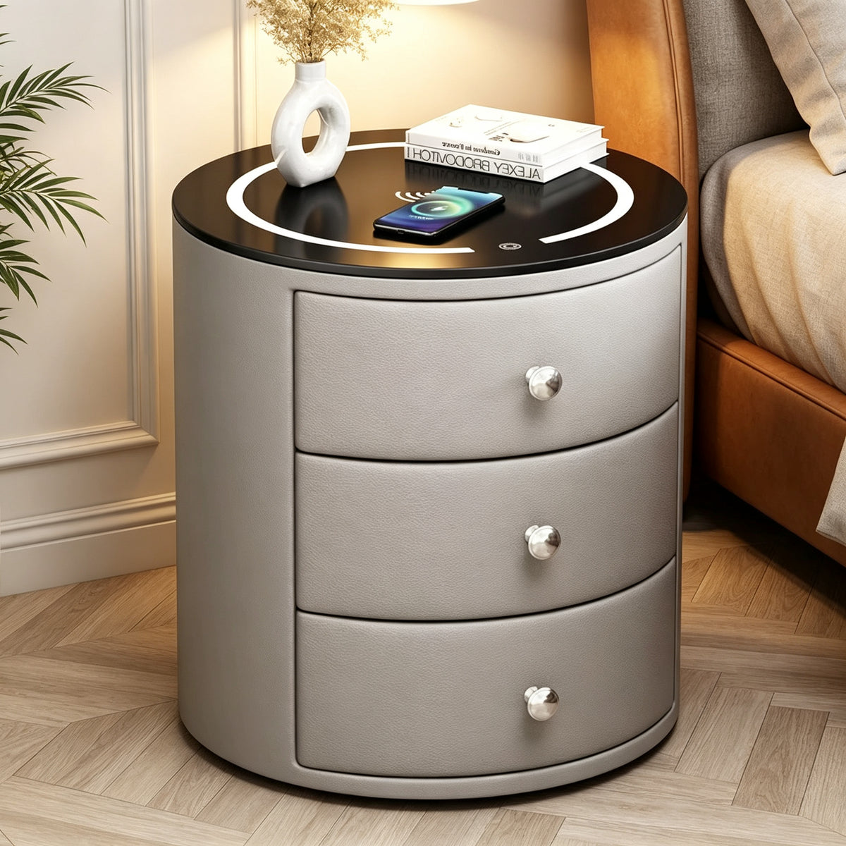 CBD036 - Round Smart Nightstand | Touch LED Light & Wireless Charging Panel image 0
