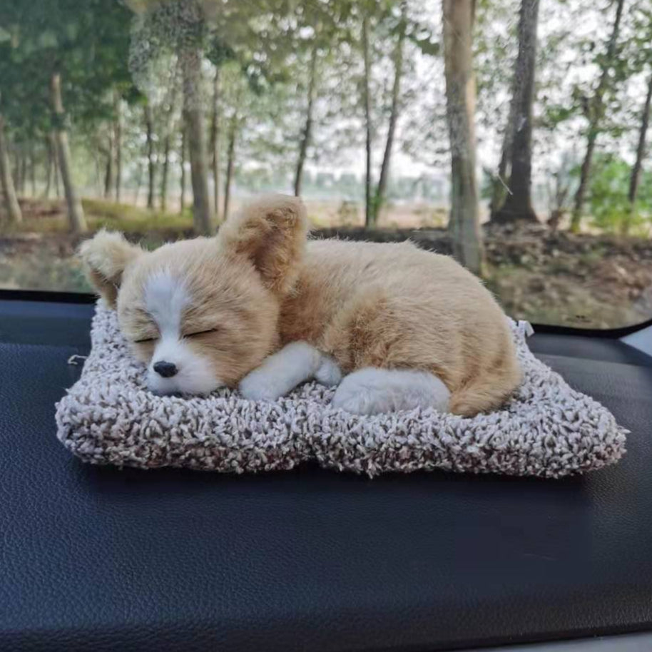 TYP-158 - Lifelike Sleeping Puppy Plush – Tan Dog Car Dashboard Ornament image 0