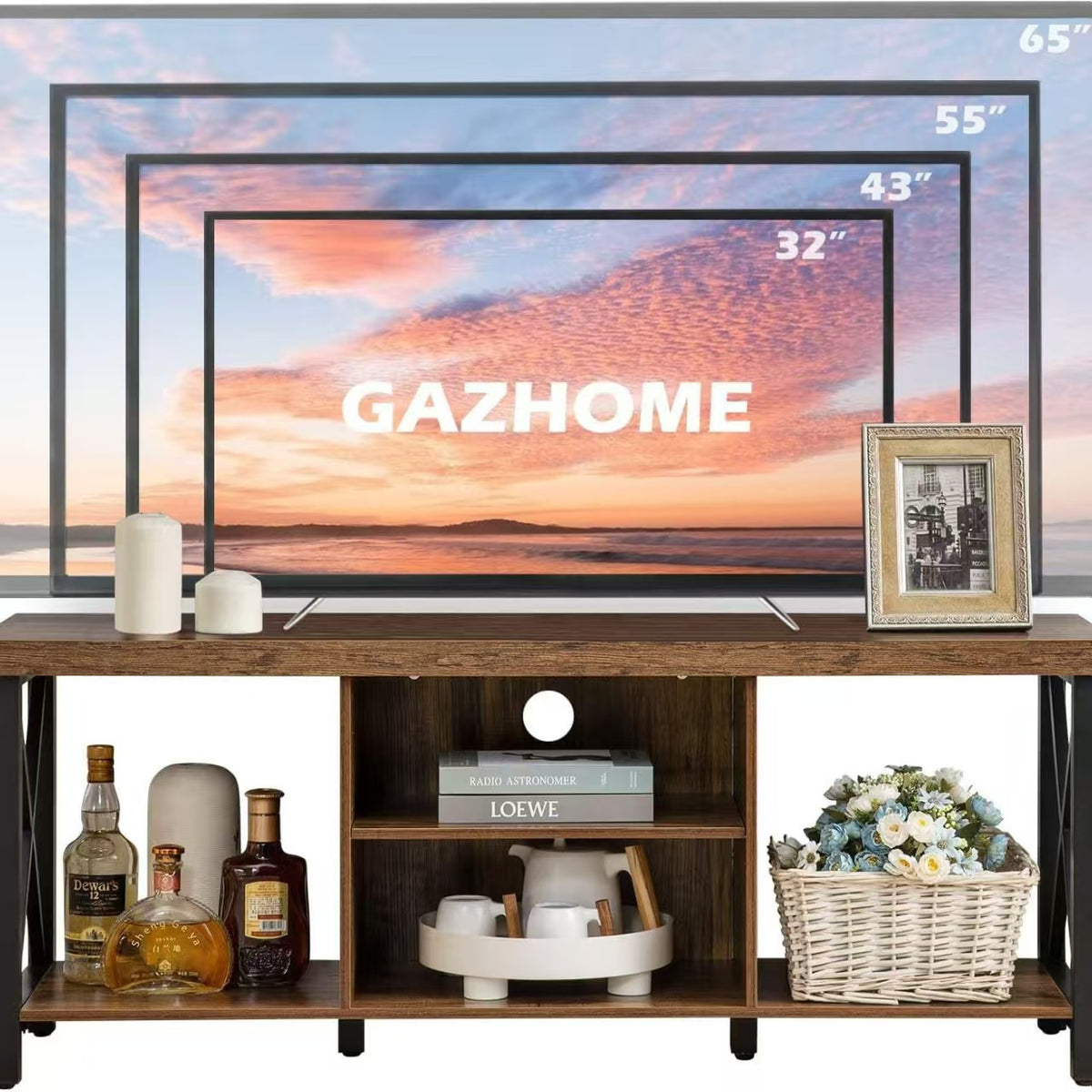 TV008- Rustic Sturdy X-Frame TV Stand with Open Storage image 4