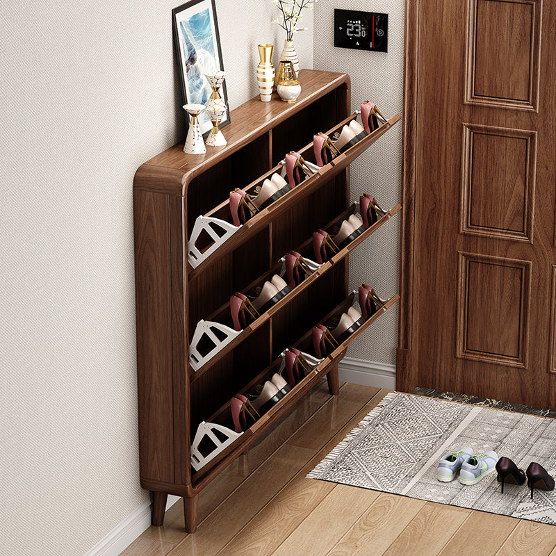 SOCE079 -  Walnut Look Shoe Cabinet - Ultra-Slim Walnut Entryway Organizer