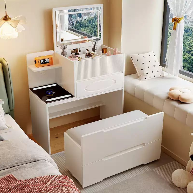 DR018 - Modern Vanity Dressing Table with Mirror, Storage Drawers, Cushion Stool image 0