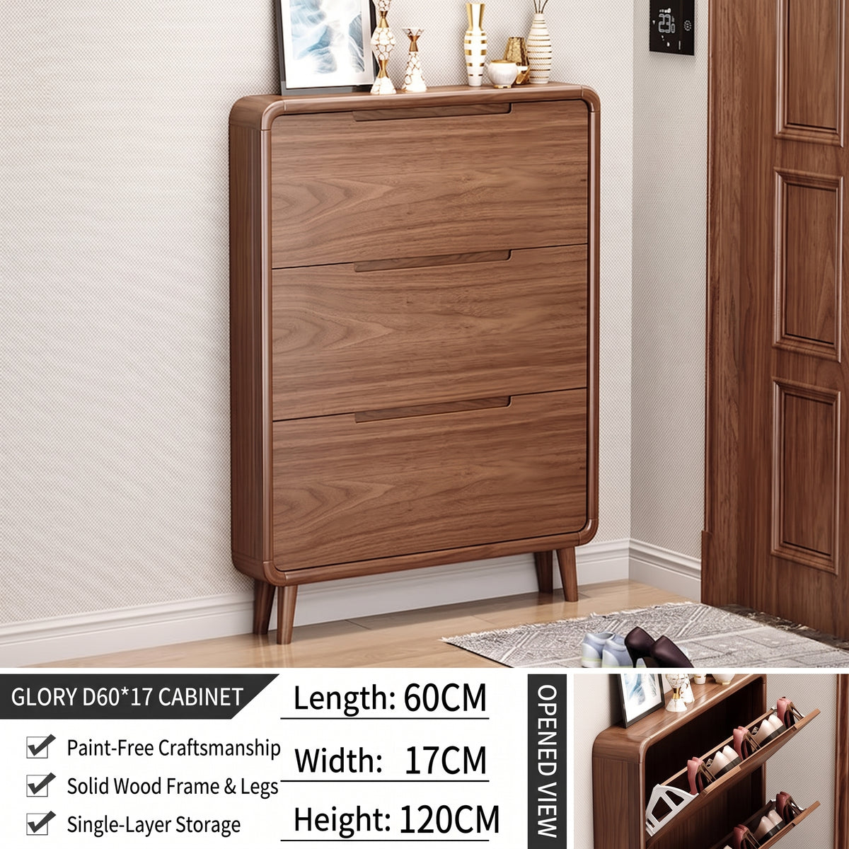 SOCE078 - Mid-Century Modern Walnut Look Shoe Cabinet with 3 Flip-Down Drawers