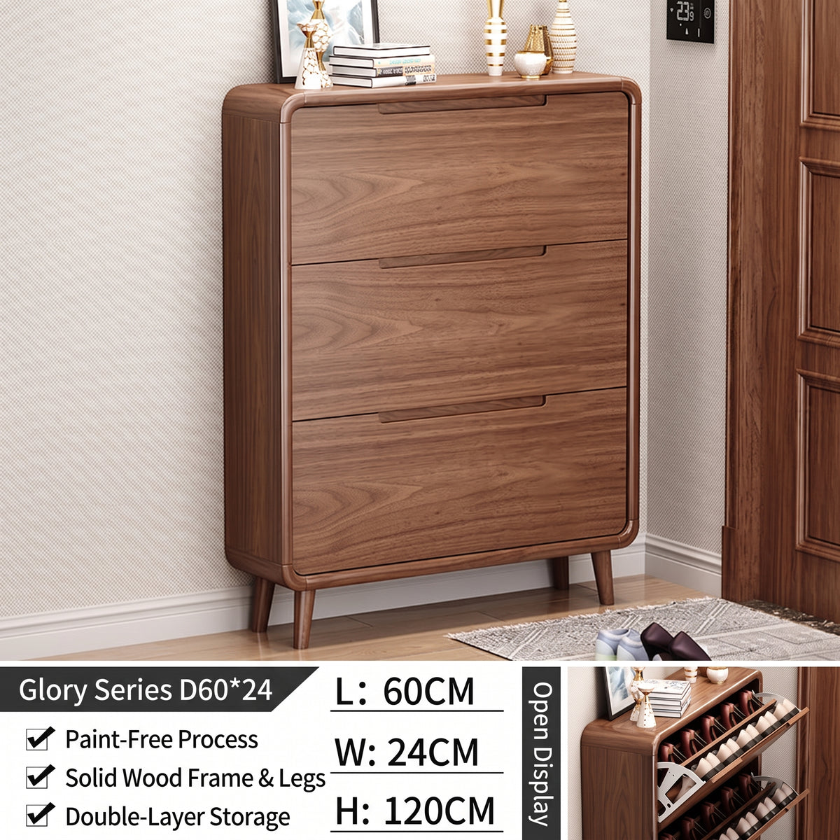 SOCE078 - Mid-Century Modern Walnut Look Shoe Cabinet with 3 Flip-Down Drawers