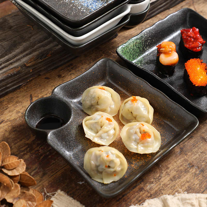 DISH007 - Ceramic Dumpling Plate with Sauce Dish | Partitioned Appetizer Plate image 2