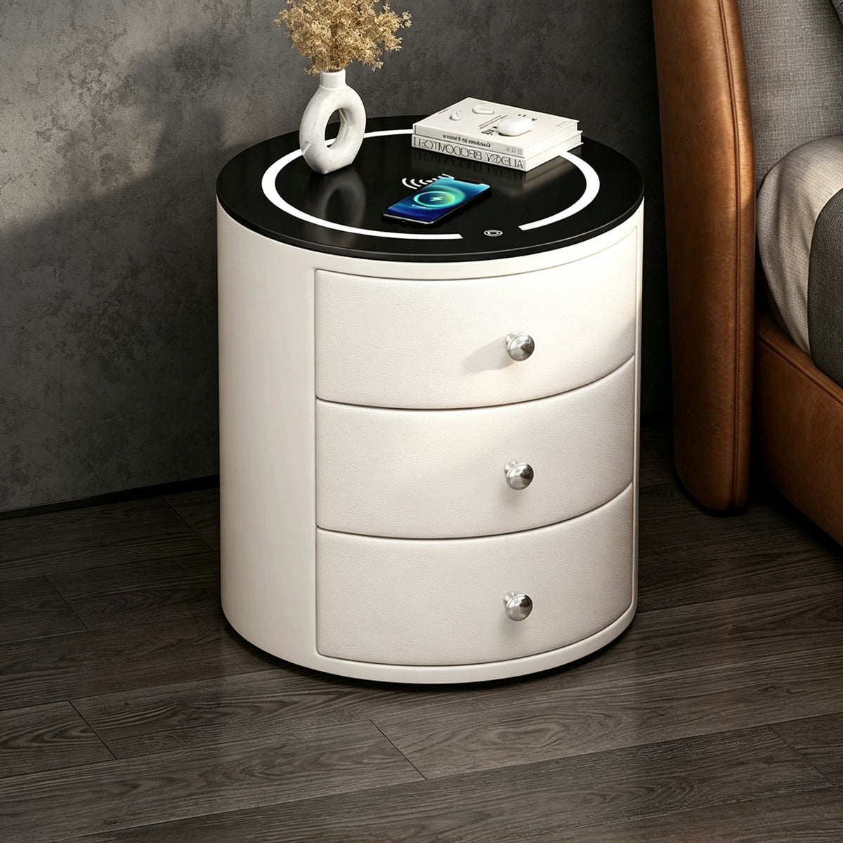 CBD036 - Round Smart Nightstand | Touch LED Light & Wireless Charging Panel image 5