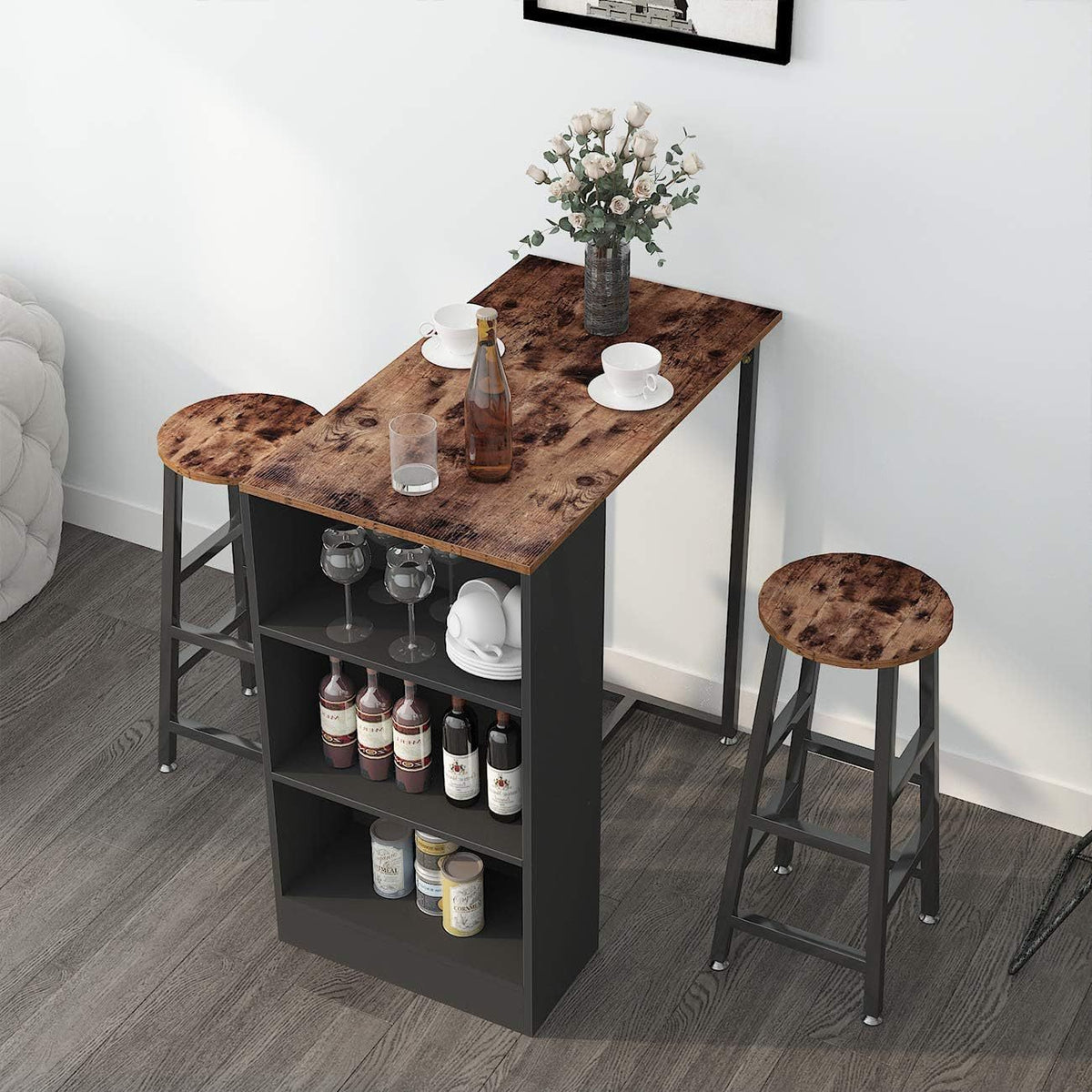 BAR003 - 3-Piece Pub Bar Table Set with Storage Shelves image 3