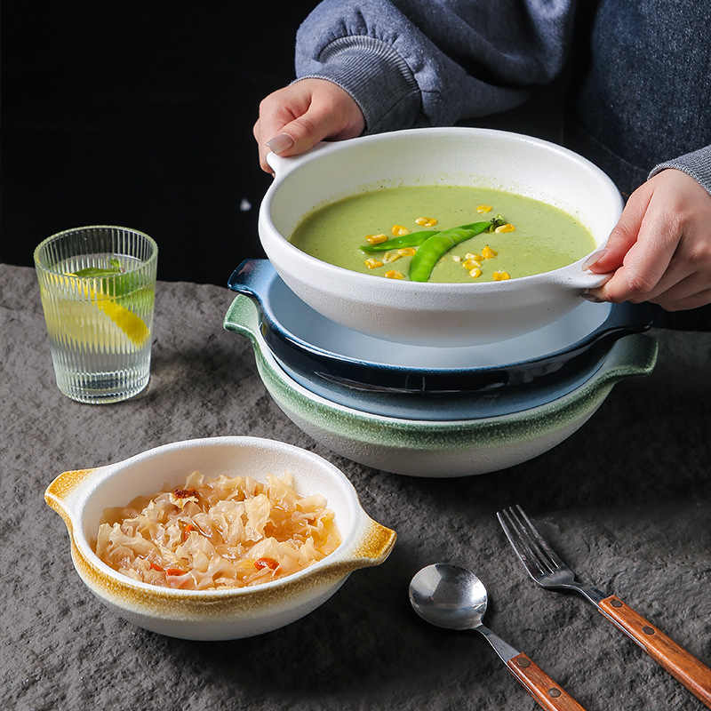 BOWL001 - White Double-Handle Ceramic Soup Plate | Underglaze Serving Dish image 0