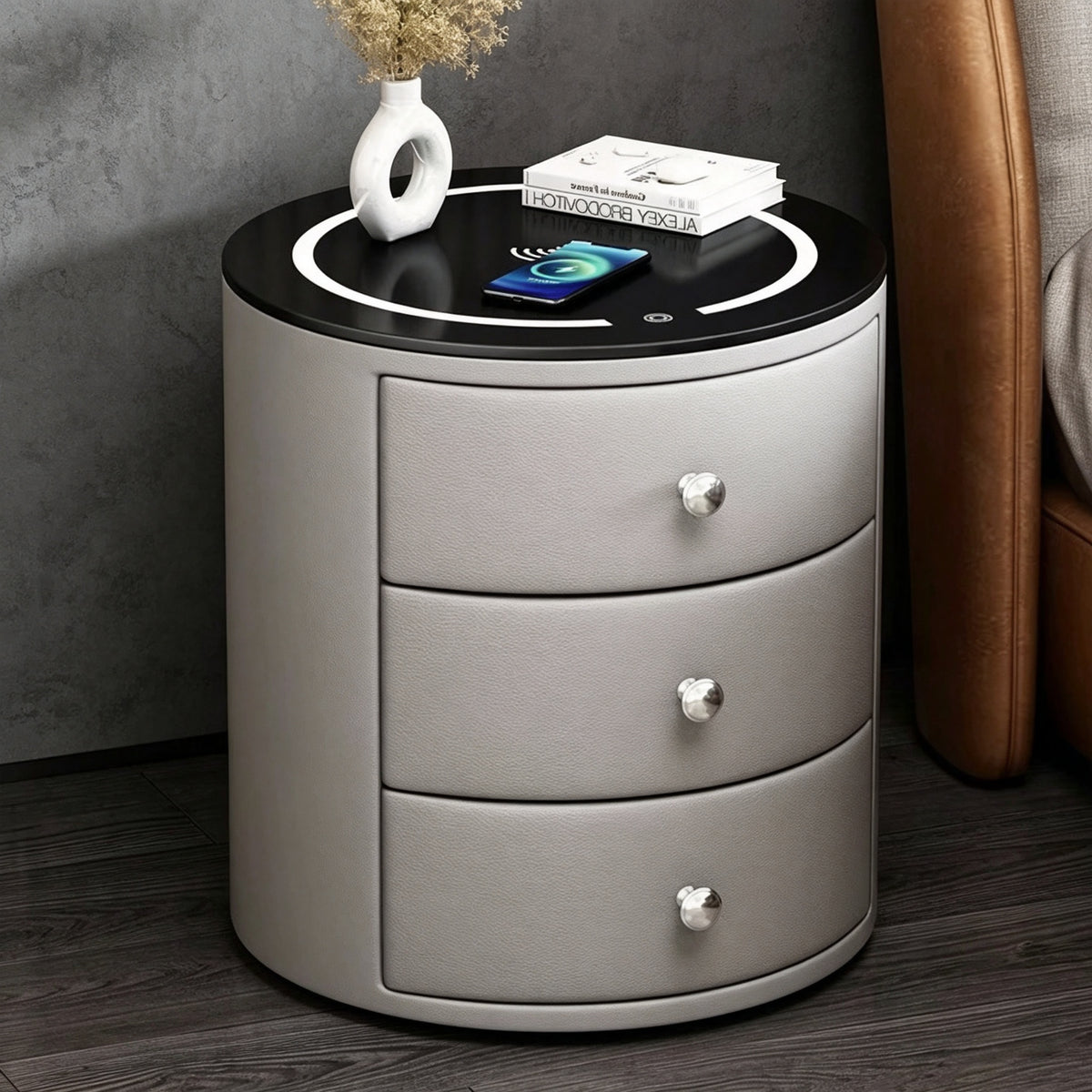 CBD036 - Round Smart Nightstand | Touch LED Light & Wireless Charging Panel image 2
