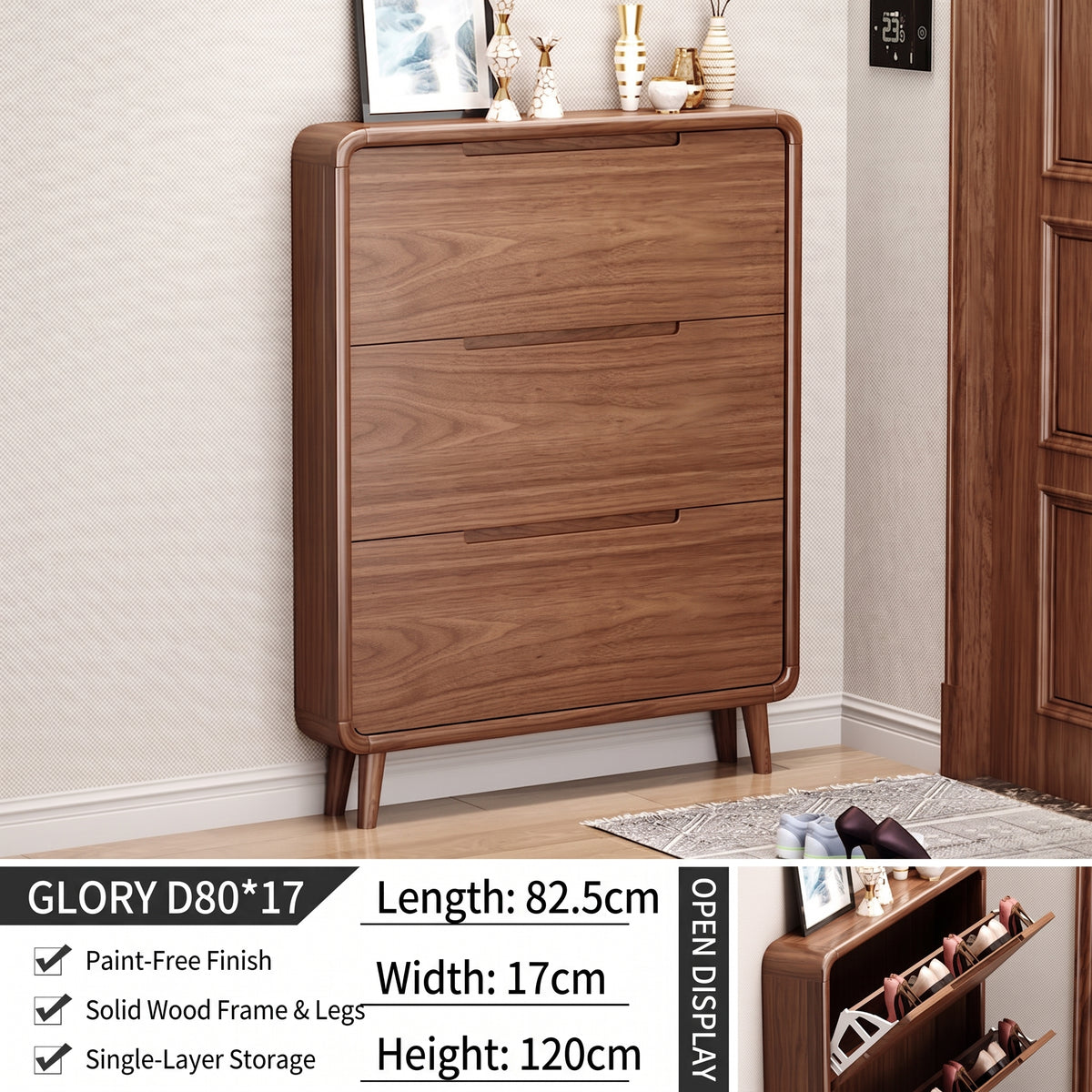 SOCE078 - Mid-Century Modern Walnut Look Shoe Cabinet with 3 Flip-Down Drawers