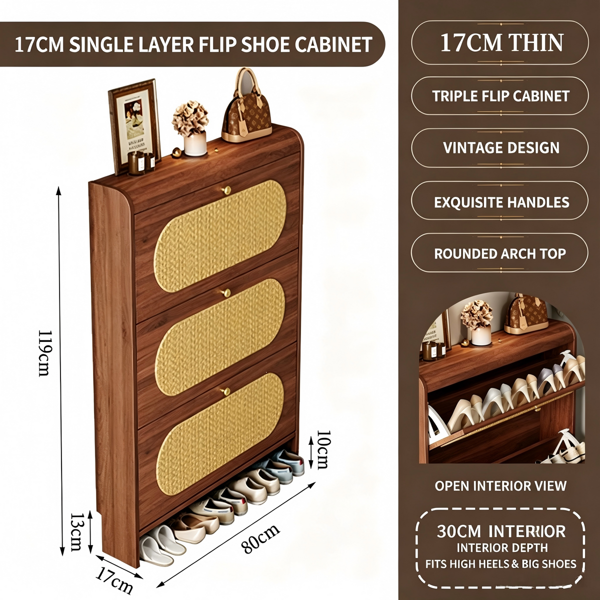 SOCE077 - Mid-Century Rattan Ultra-Thin Shoe Cabinet – Slim Entryway Storage