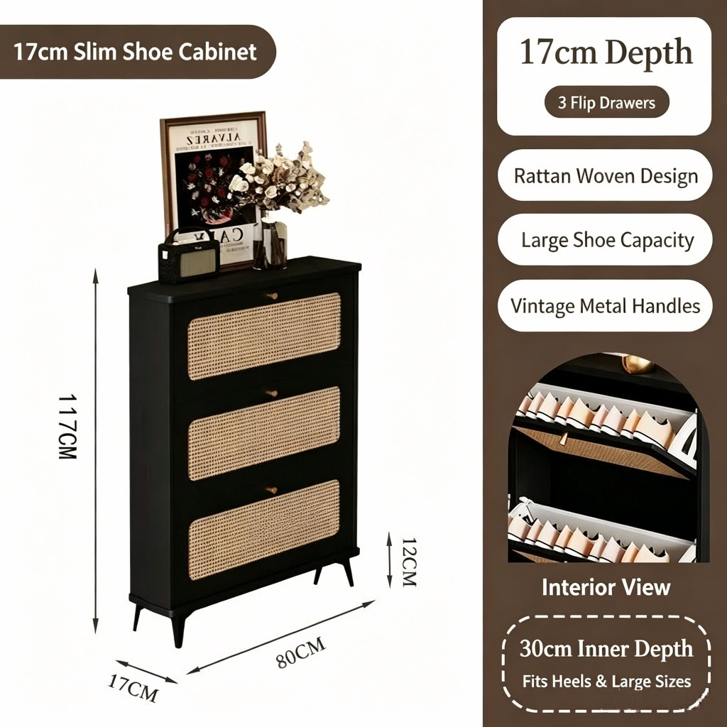 SOCE076 - Modern Black Rattan Shoe Cabinet with 3 Flip Drawers