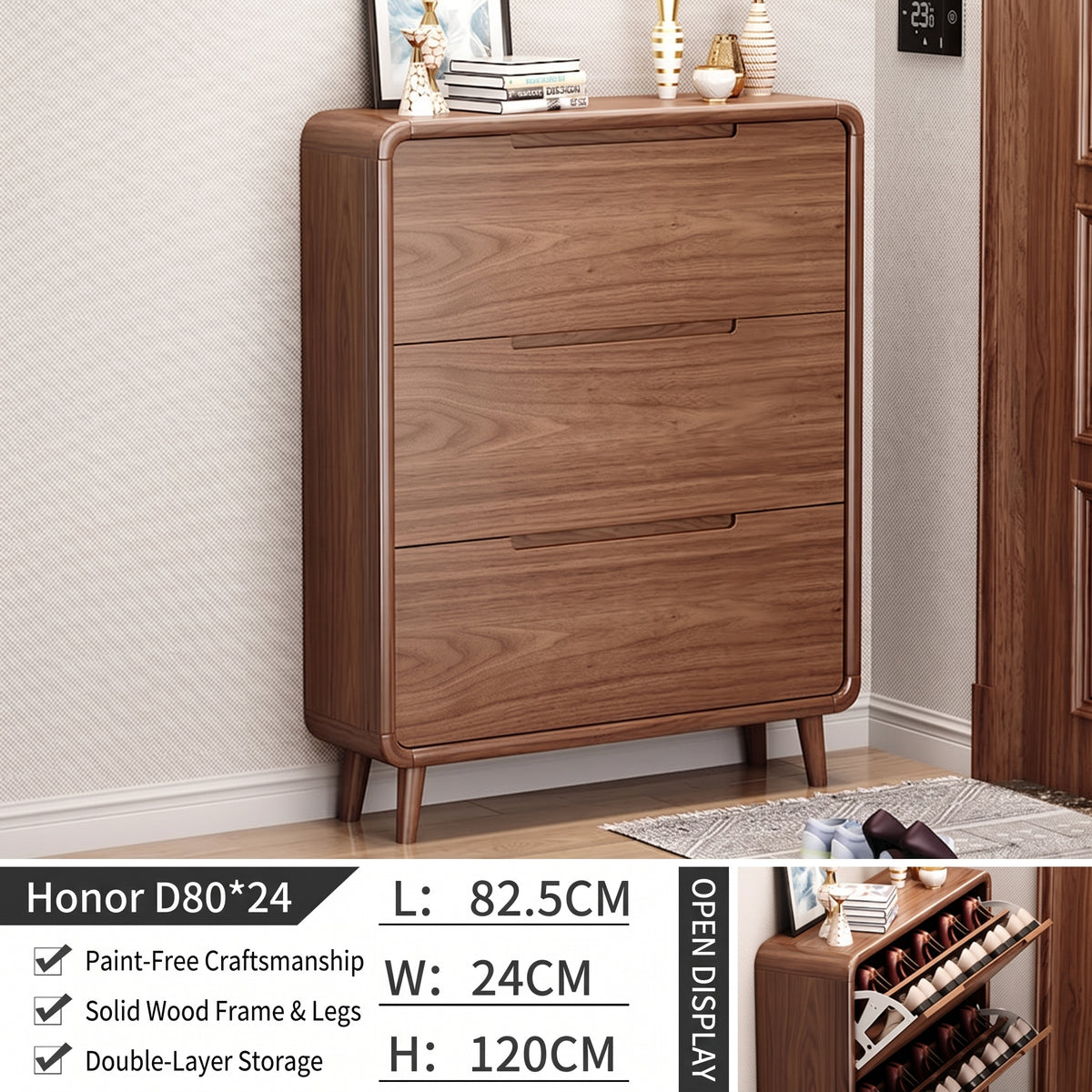 SOCE078 - Mid-Century Modern Walnut Look Shoe Cabinet with 3 Flip-Down Drawers