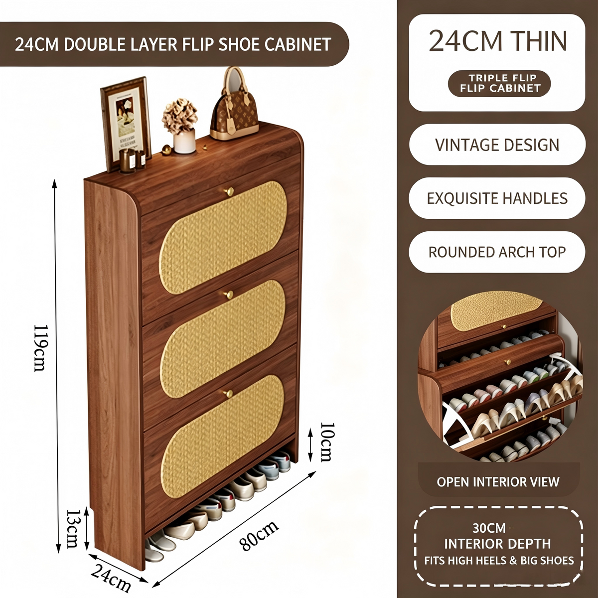 SOCE077 - Mid-Century Rattan Ultra-Thin Shoe Cabinet – Slim Entryway Storage