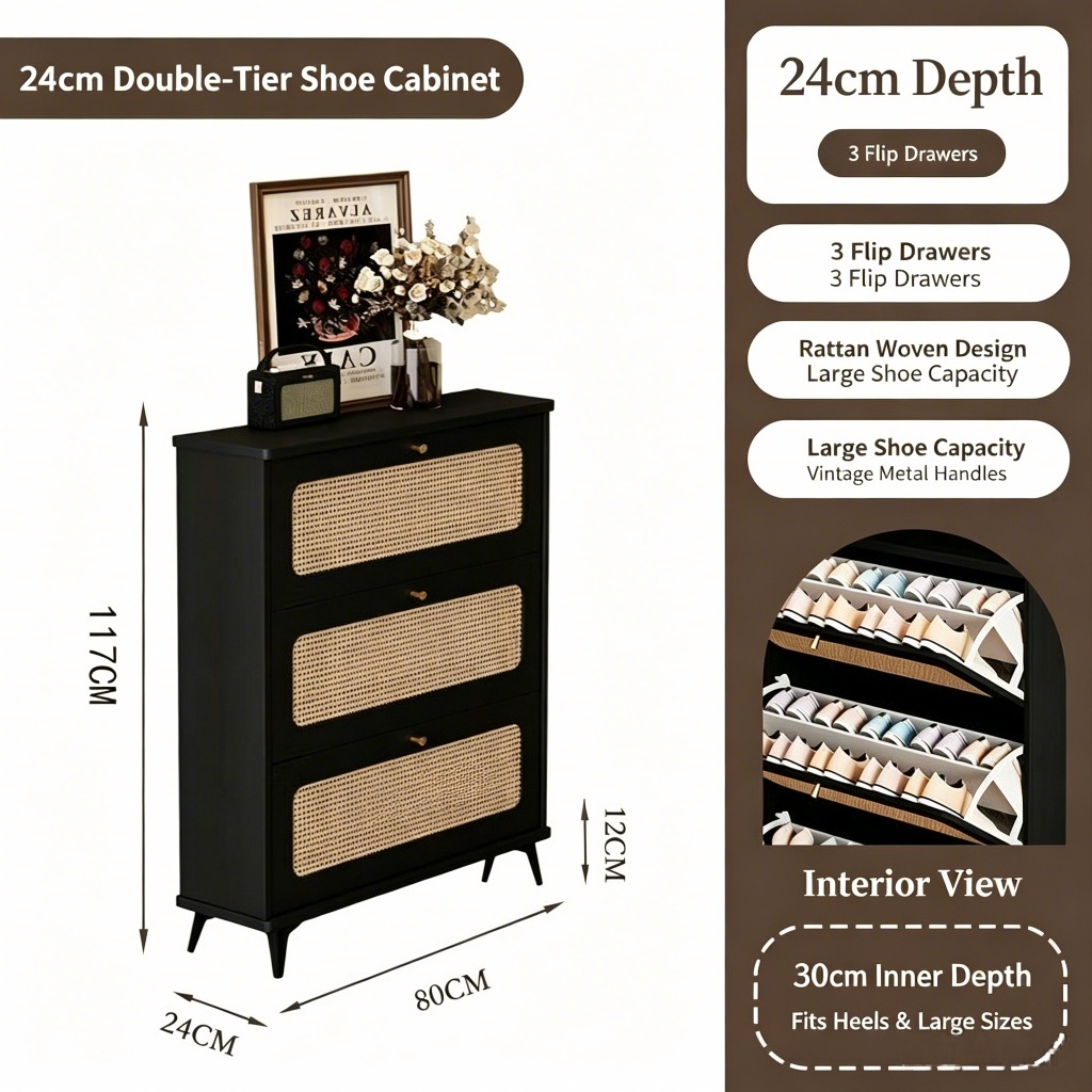 SOCE076 - Modern Black Rattan Shoe Cabinet with 3 Flip Drawers