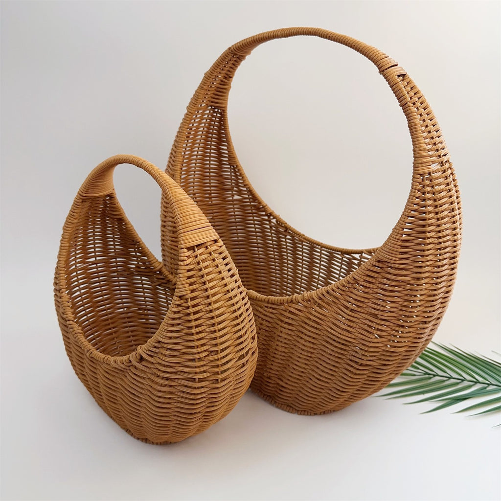 BAS005 - Moon-Shaped Handwoven Rattan-Style Basket with Round Handle image 1