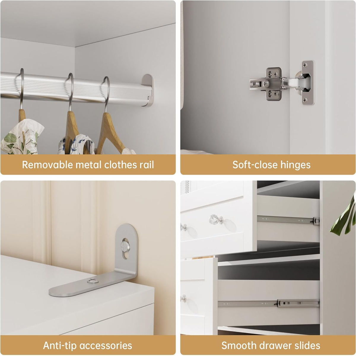 CC056 - Modern White Wardrobe Cabinet with Drawers – Tall Storage Closet image 3